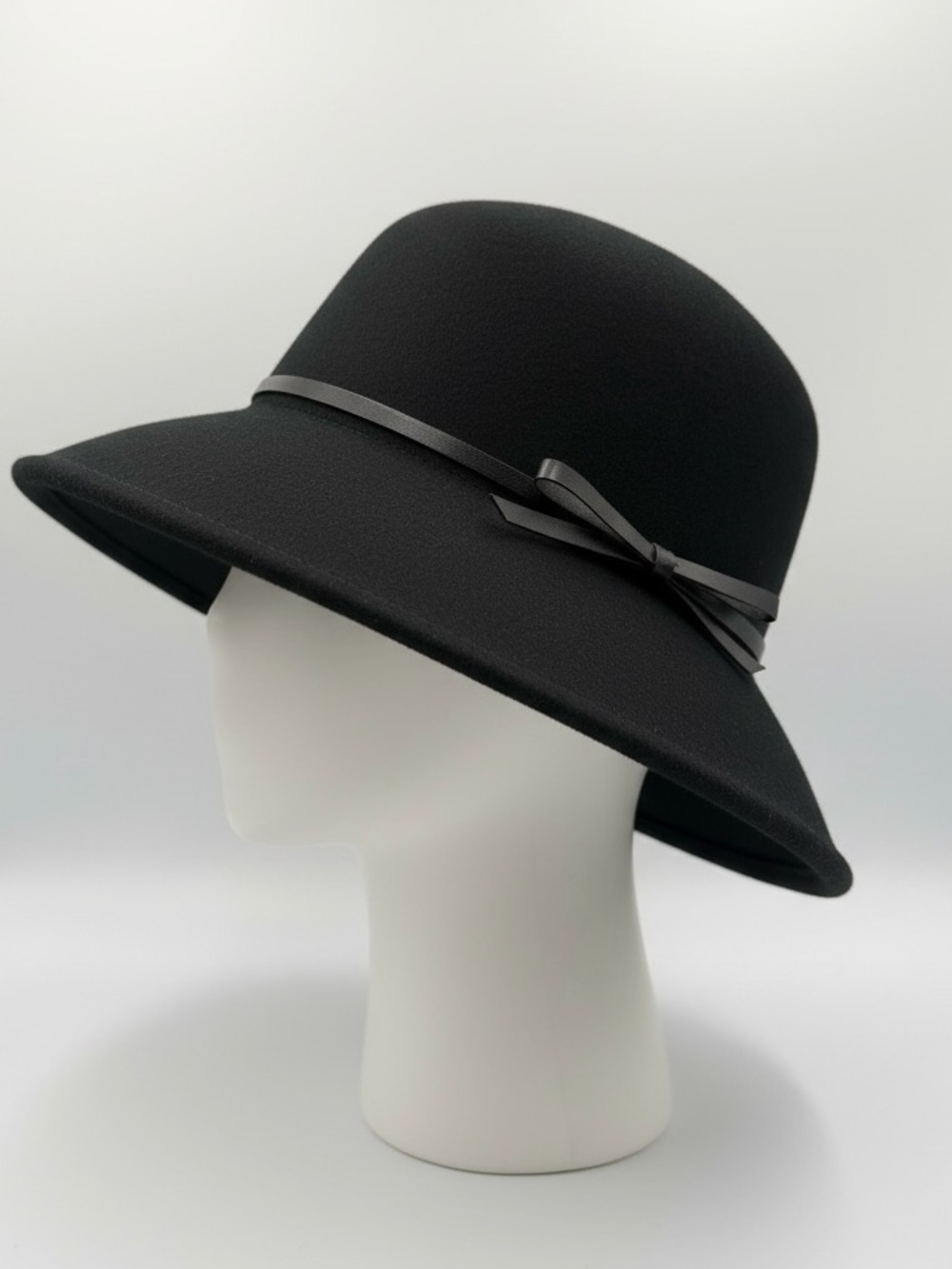 Classic Black 100% Wool Felt Cloche Hat with Ribbon Trim